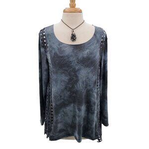 Loving Heart Womens Long Sleeve Tie Dye Eyelets Tunic Top Sz M Blue Lagenlook